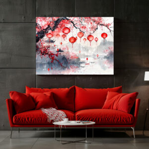 Poster: Chinese Watercolor Lanterns and Blossoming Trees