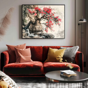 Poster: Chinese Watercolor Blossoming Tree in Mountains