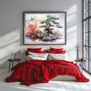 Poster: Chinese Watercolor Bonsai Pine in Garden