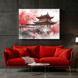 Poster: Chinese Watercolor Red Maple by Temple