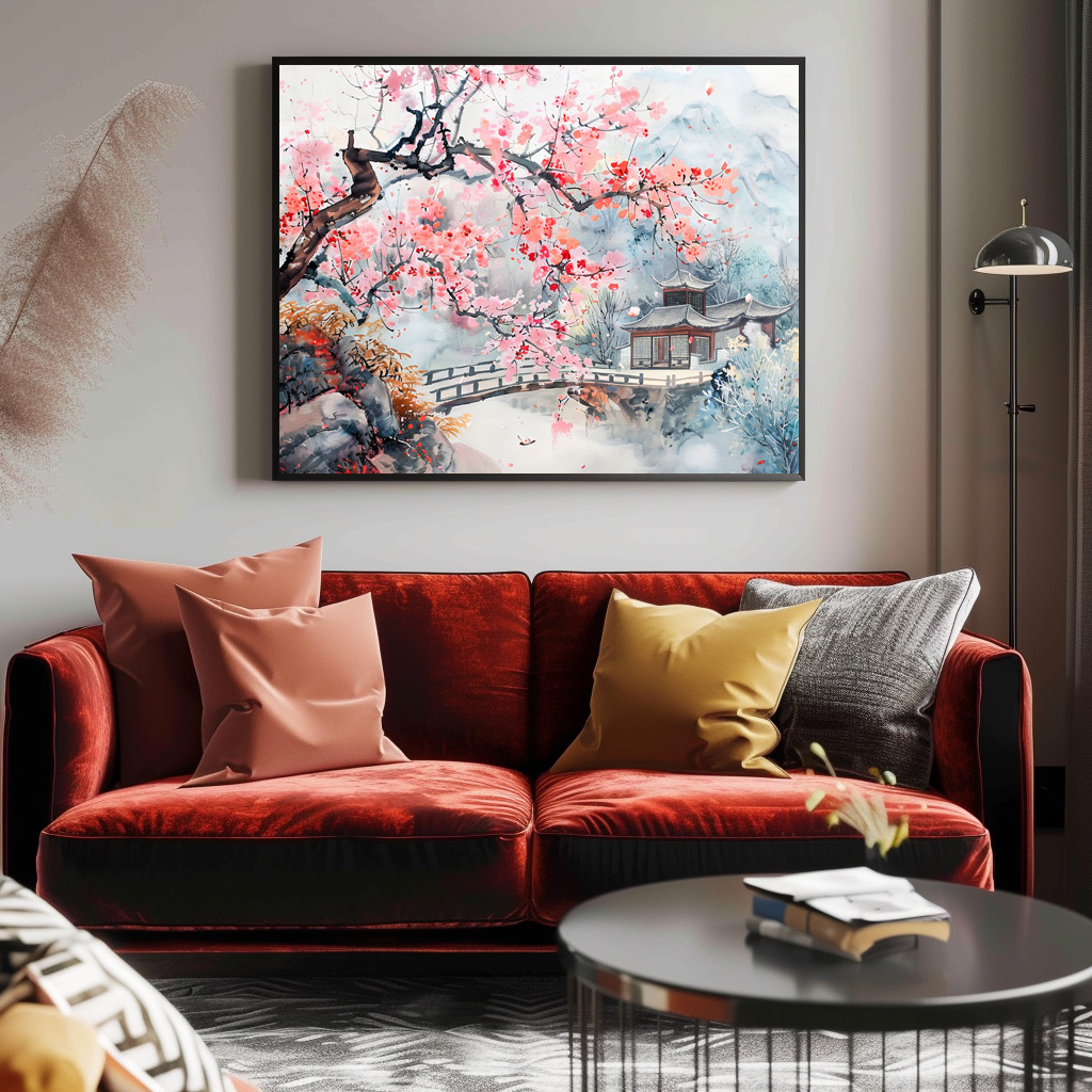 Poster: Chinese Watercolor Temple with Cherry Blossoms – Bild 2