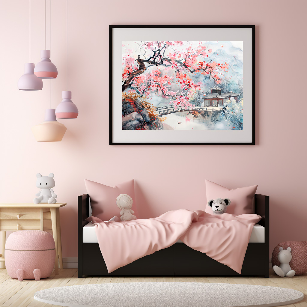 Poster: Chinese Watercolor Temple with Cherry Blossoms – Bild 3