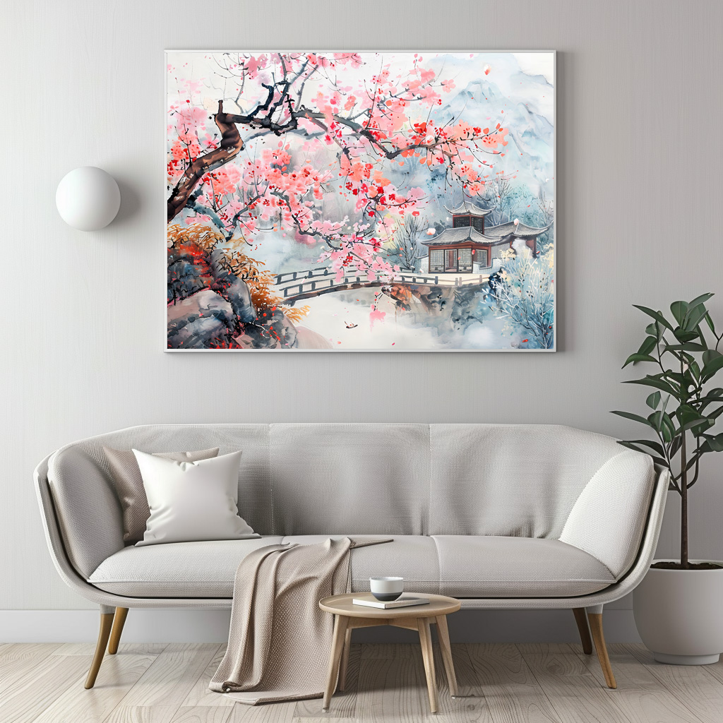 Poster: Chinese Watercolor Temple with Cherry Blossoms