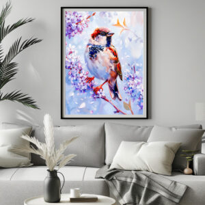 Poster: House Sparrow on a Branch Impressionist Art