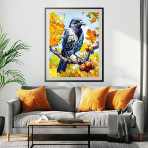 Poster: Hooded Crow Perched in Oak Tree Impressionist Style