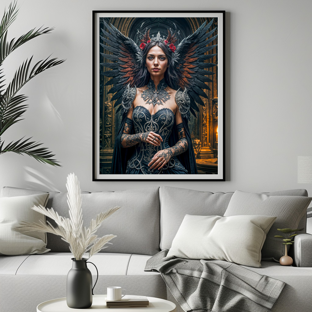 Poster: Dark Angel with Crown and Roses