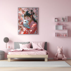 Poster: Girl with Rabbit Chinese Zodiac Art