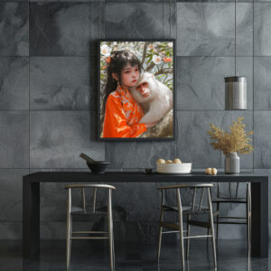 Poster: Girl with Monkey Chinese Zodiac Art