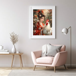 Poster: Girl with Rooster Chinese Zodiac Art