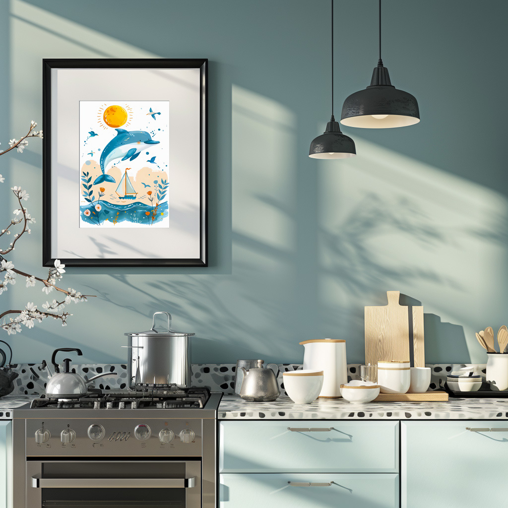 Poster: Cartoon of Dolphin Leaping out of Water