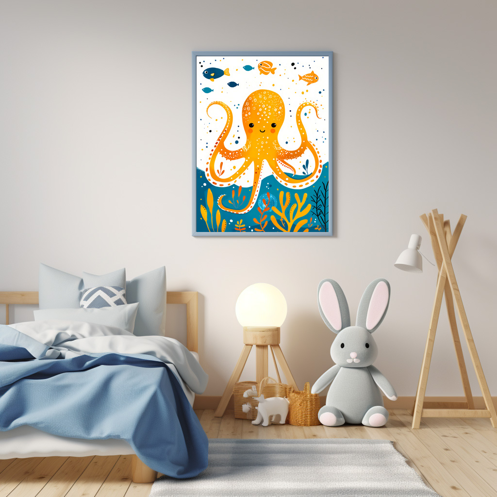 Poster: Cartoon of Playful Octopus with Colorful Fish