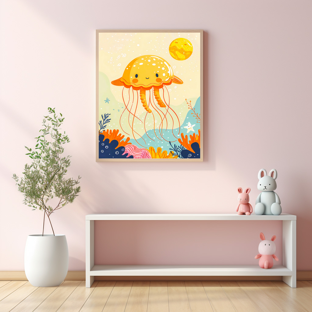 Poster: Cartoon of Jellyfish Floating by Coral Reef
