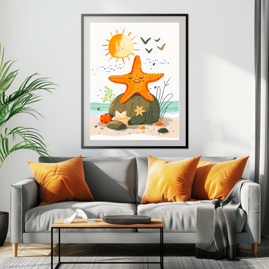 Poster: Cartoon of Starfish on Rock by Ocean – Image 2