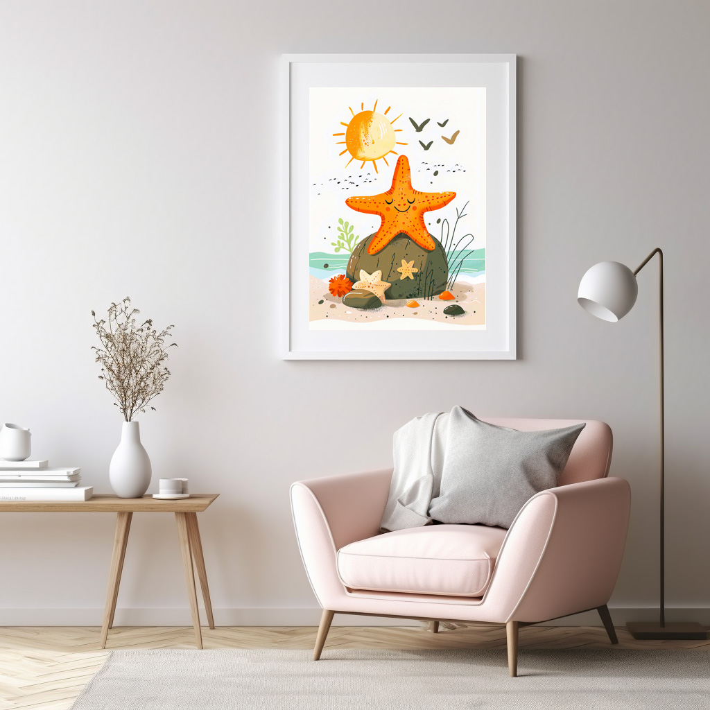 Poster: Cartoon of Starfish on Rock by Ocean – Image 3