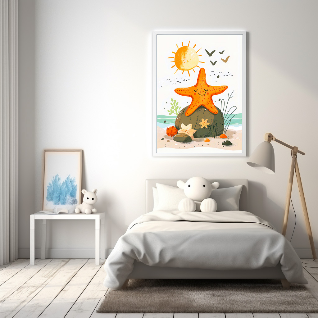 Poster: Cartoon of Starfish on Rock by Ocean
