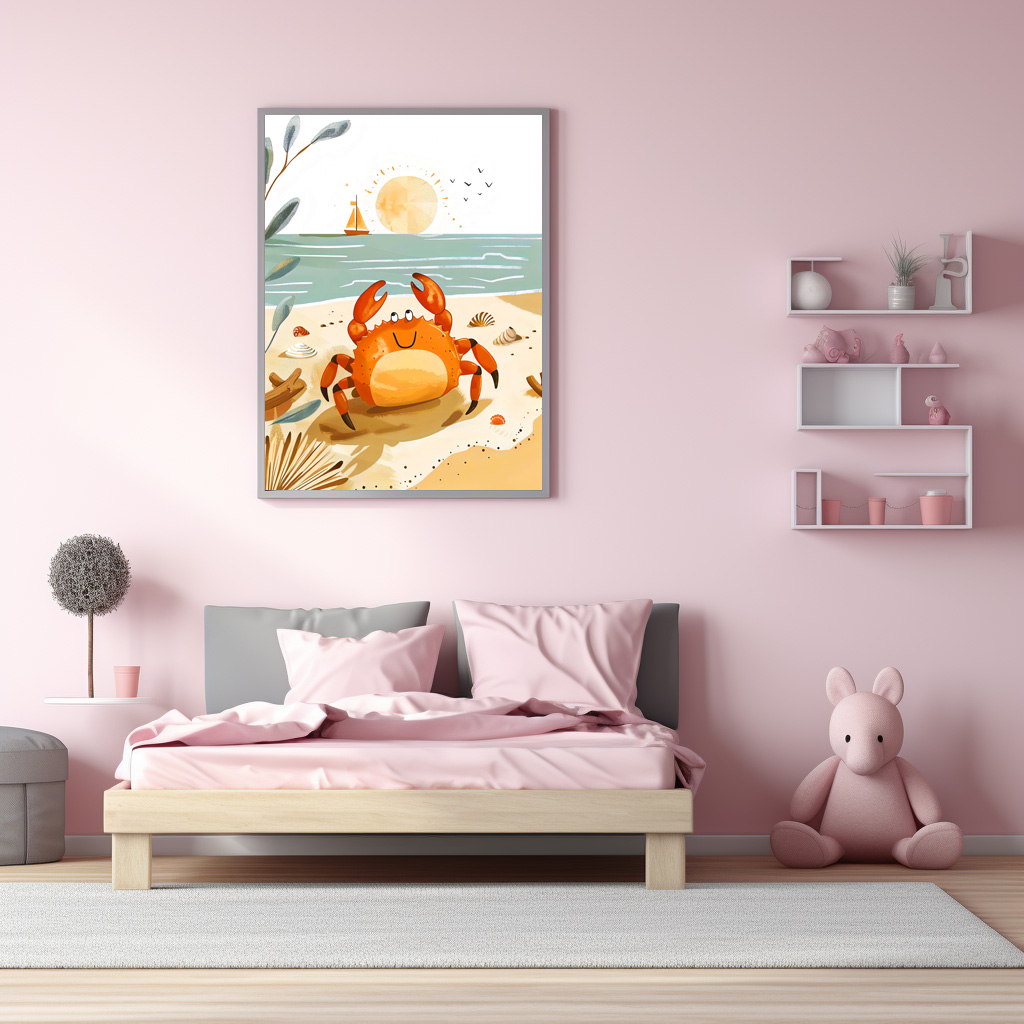 Poster: Cartoon of Crab on Beach with Boat