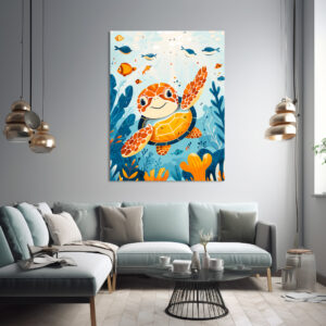 Poster: Cartoon of Sea Turtle in Kelp Forest