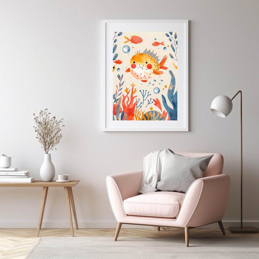 Poster: Cartoon of Pufferfish at Reef