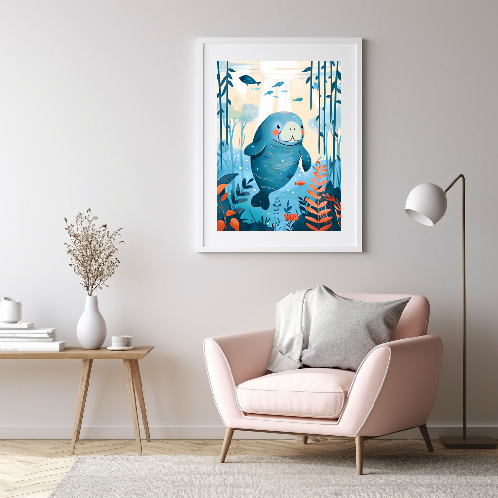 Poster: Cartoon of Watercolor of Gentle Manatee in Ocean - Image 2