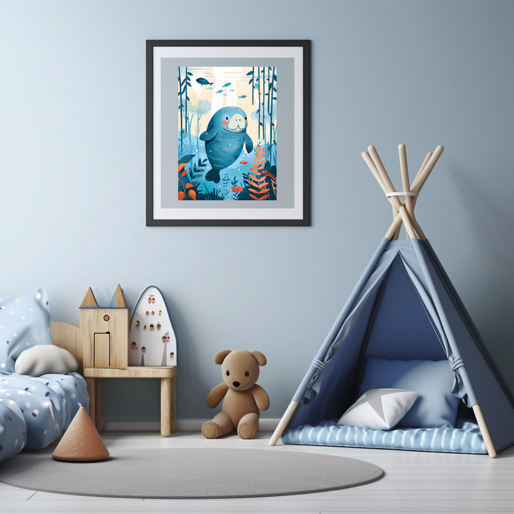 Poster: Cartoon of Watercolor of Gentle Manatee in Ocean - Image 3