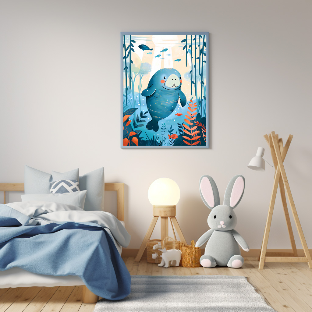 Poster: Cartoon of Watercolor of Gentle Manatee in Ocean