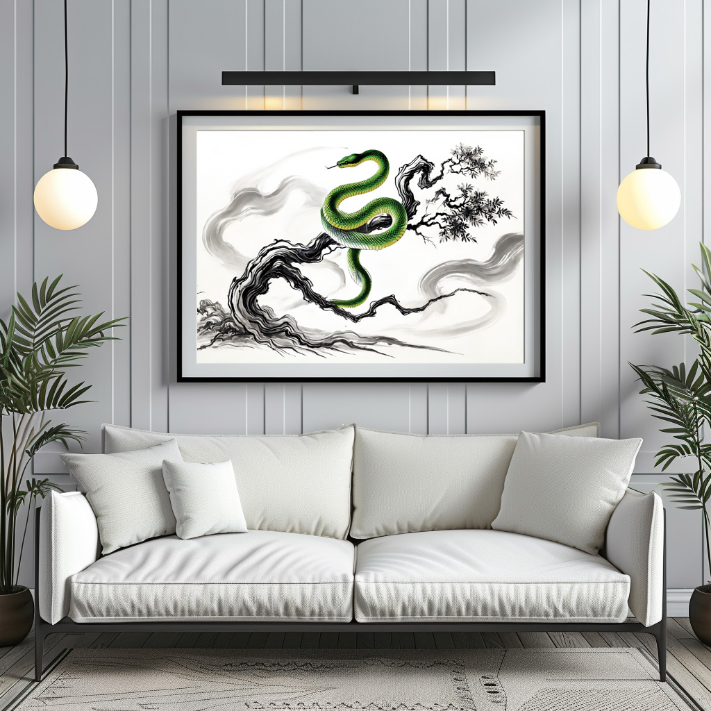Poster: Ink painting Sinuous Snake Coiled on Tree