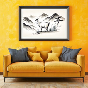 Poster: Graceful Goat on Meadow with Mountains