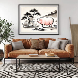 Poster: Ink art of Content Pig in Pen with Garden