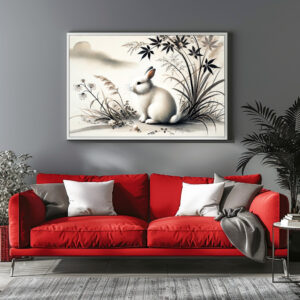 Poster: China zodiac ink of Serene Hare Resting Under Bush