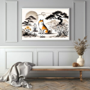 Poster: Loyal Dog in Garden Under Bonsai ink art