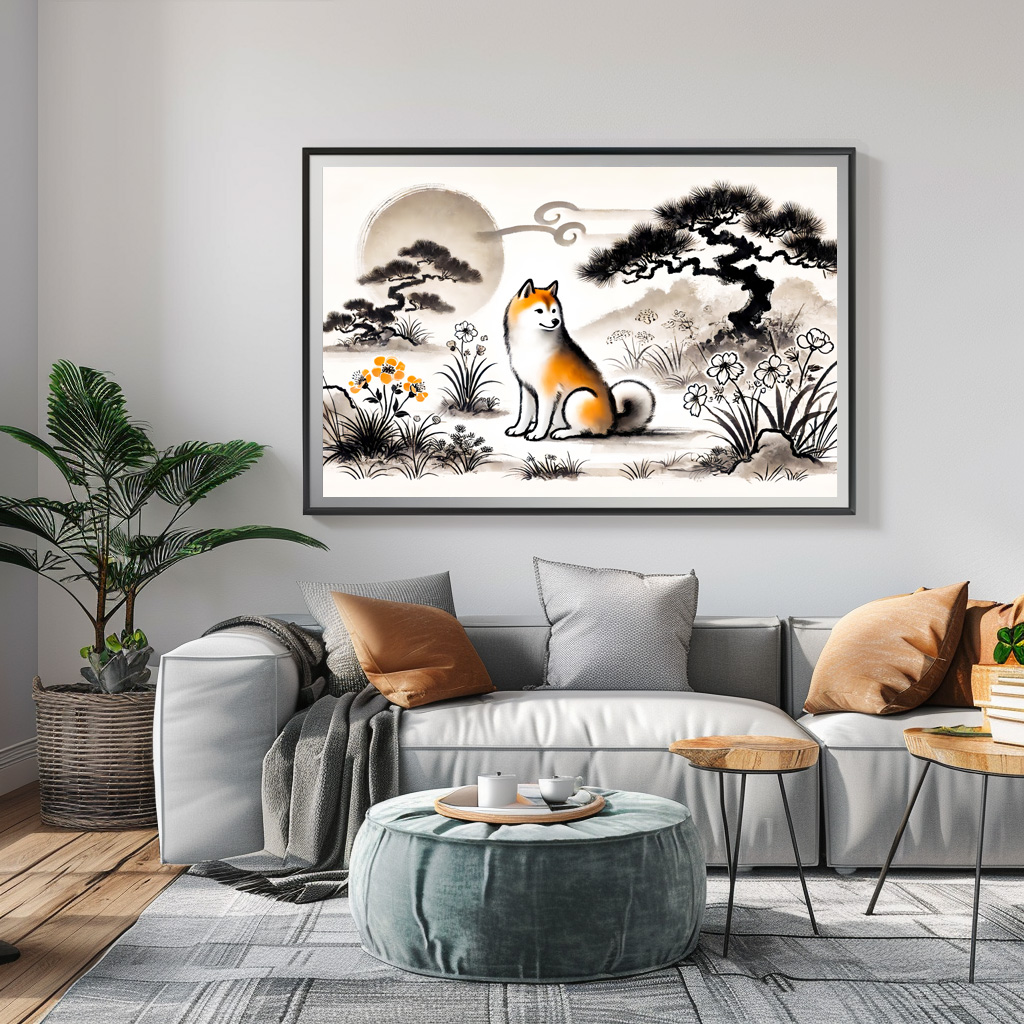 Poster: Loyal Dog in Garden Under Bonsai ink art - Image 2