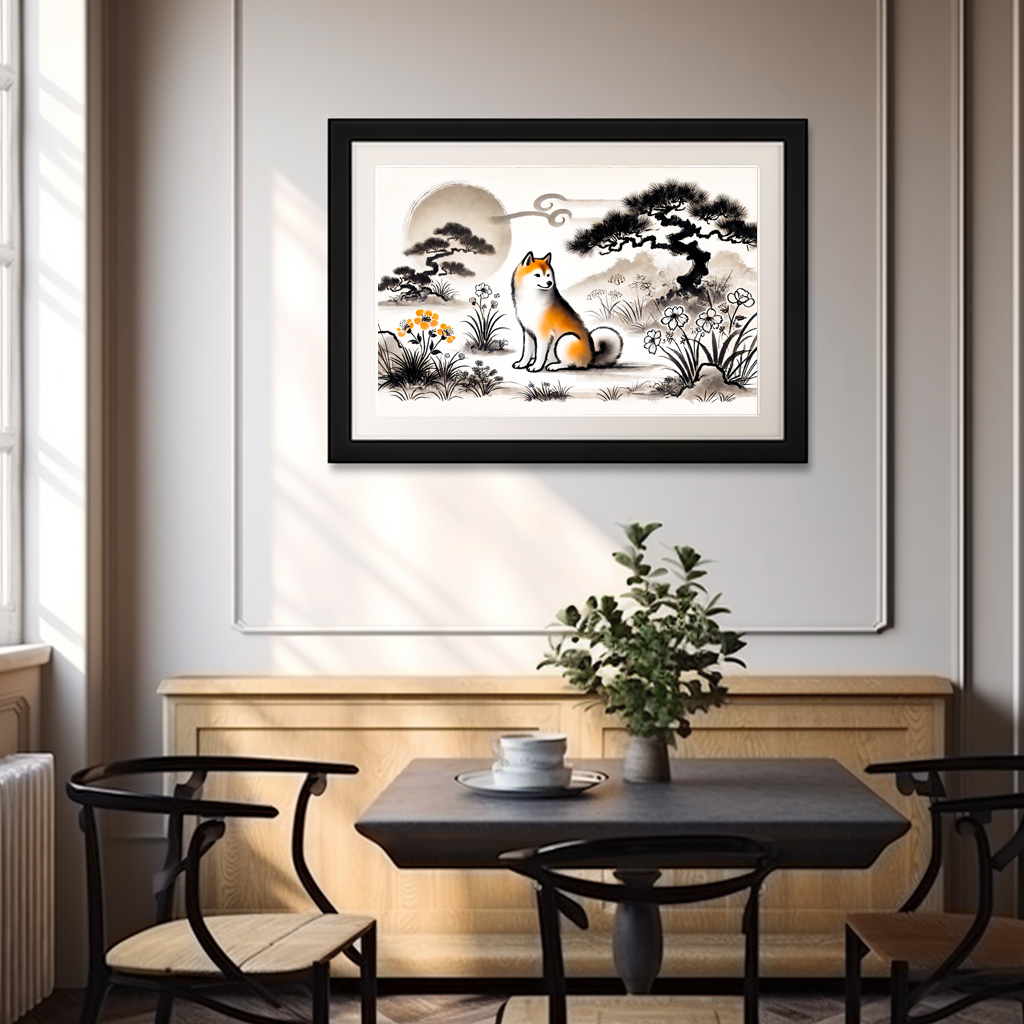 Poster: Loyal Dog in Garden Under Bonsai ink art - Image 3