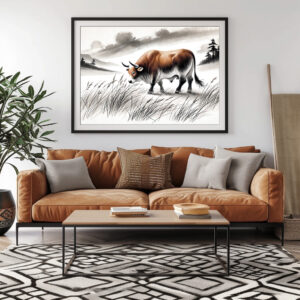 Poster: China ink zodiac Strong Ox Grazing on Meadow