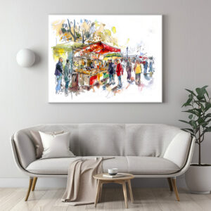 Poster: watercolor of a bustling weekly market in Berlin Mitte