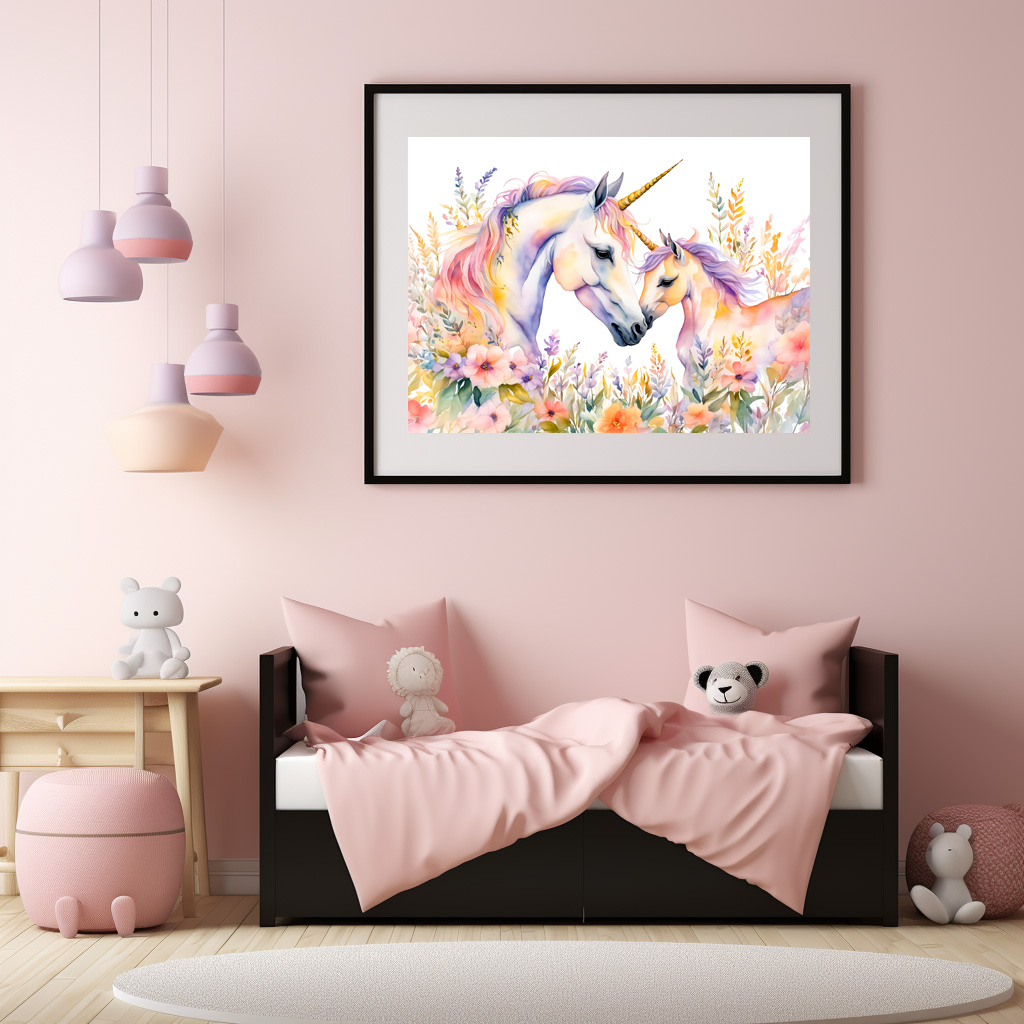 Poster: Boho Watercolor Tender Unicorn And Baby In Flower Meadow
