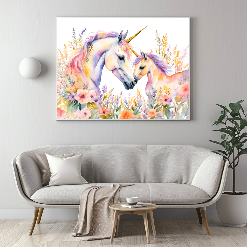 Poster: Boho Watercolor Tender Unicorn And Baby In Flower Meadow - immagine 2