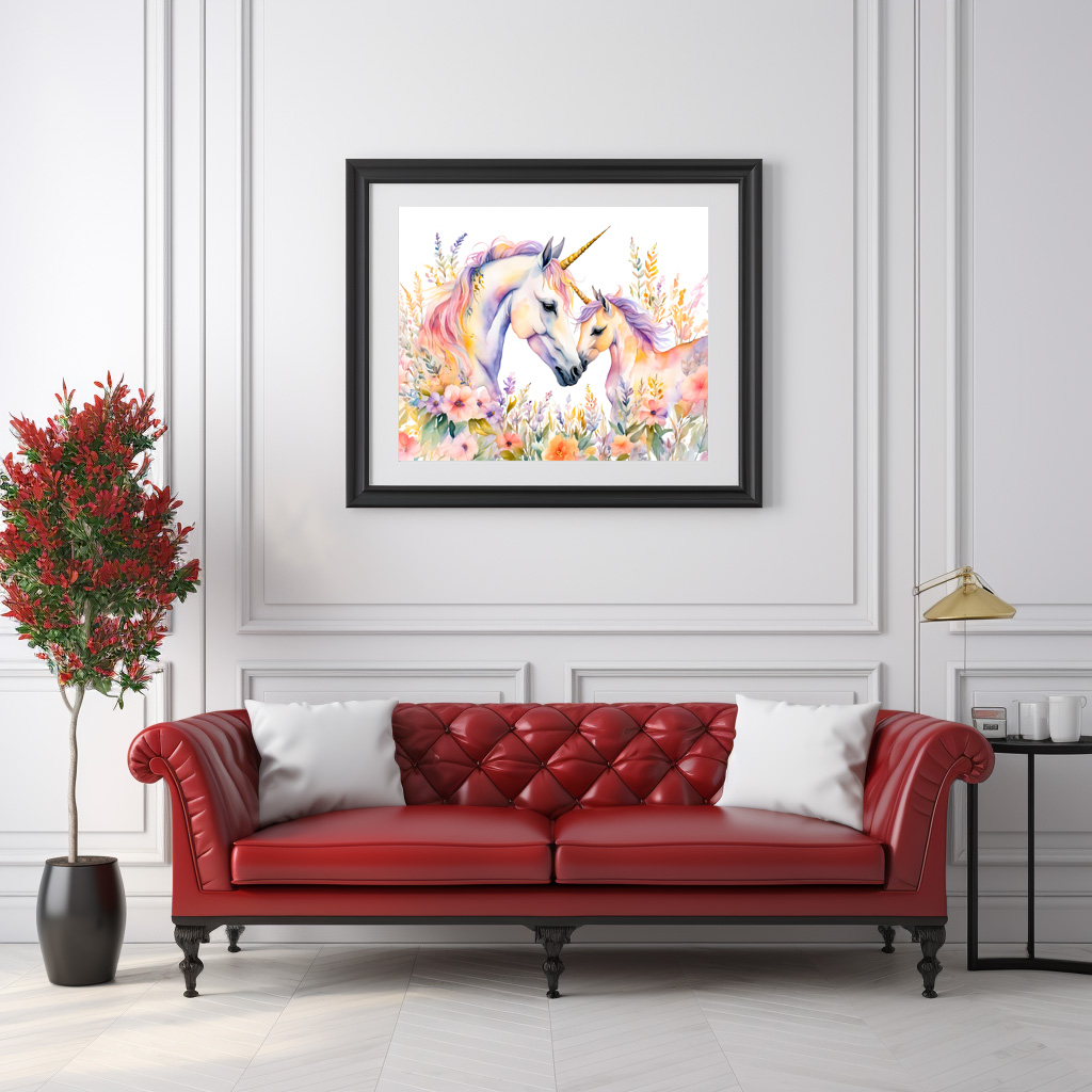 Poster: Boho Watercolor Tender Unicorn And Baby In Flower Meadow - immagine 3