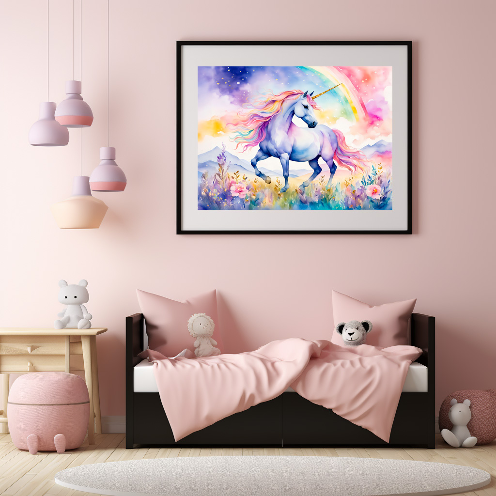 Poster: Watercolor Graceful Unicorn Under Soft Pastel Rainbow Clouds - Imagen 2