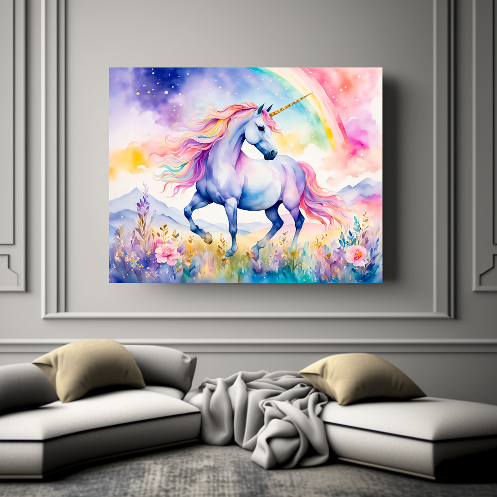 Poster: Watercolor Graceful Unicorn Under Soft Pastel Rainbow Clouds - Imagen 3