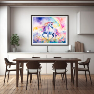 Poster: Watercolor Graceful Unicorn Under Soft Pastel Rainbow Clouds