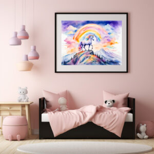 Poster: Boho Watercolor Magical Unicorn Beneath Glowing Rainbow And Clouds