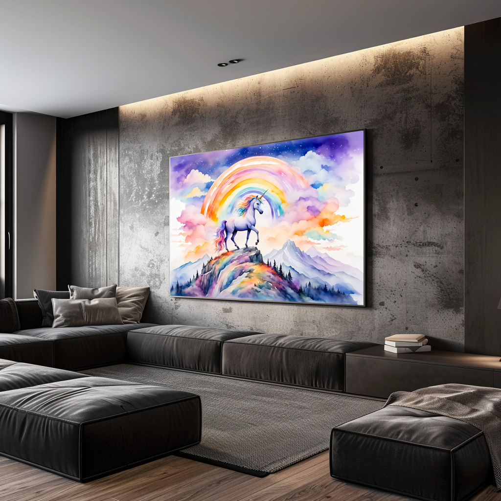 Poster: Boho Watercolor Magical Unicorn Beneath Glowing Rainbow And Clouds - Imagen 2