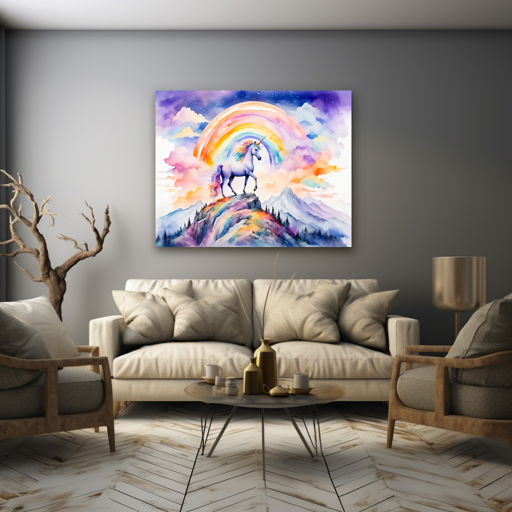 Poster: Boho Watercolor Magical Unicorn Beneath Glowing Rainbow And Clouds - Imagen 3
