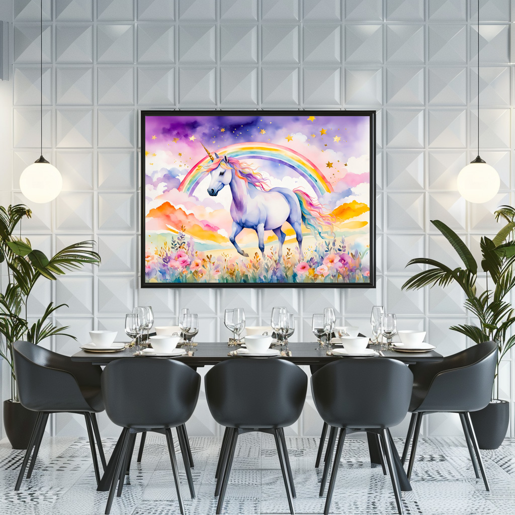 Poster: Watercolor Enchanted Unicorn Beneath A Glowing Rainbow Sky