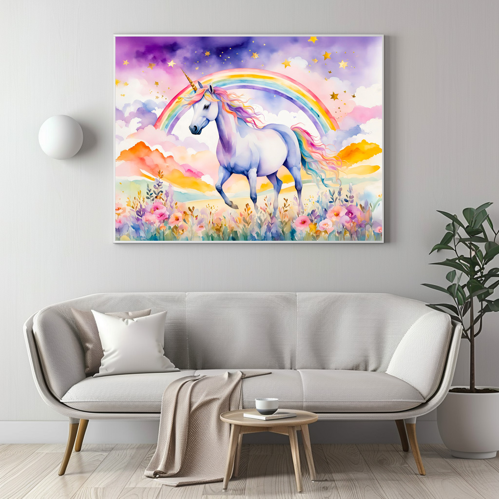 Poster: Watercolor Enchanted Unicorn Beneath A Glowing Rainbow Sky - Imagen 2