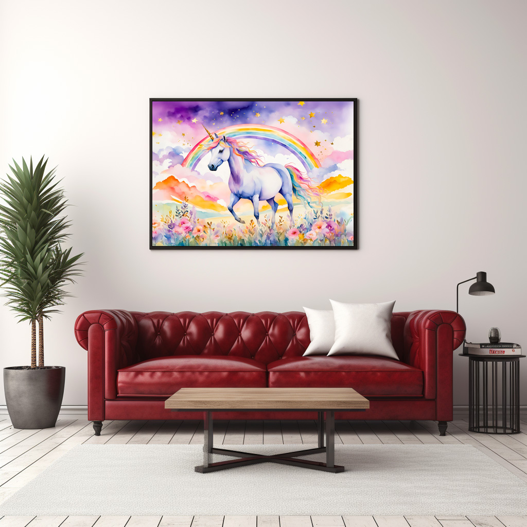 Poster: Watercolor Enchanted Unicorn Beneath A Glowing Rainbow Sky - Imagen 3