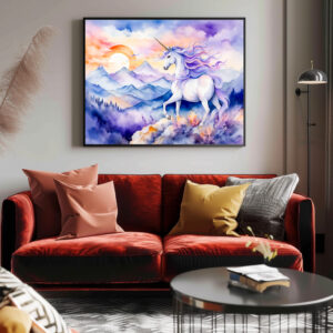 Poster: Boho Watercolor Strong Unicorn Standing On Misty Mountain Peak