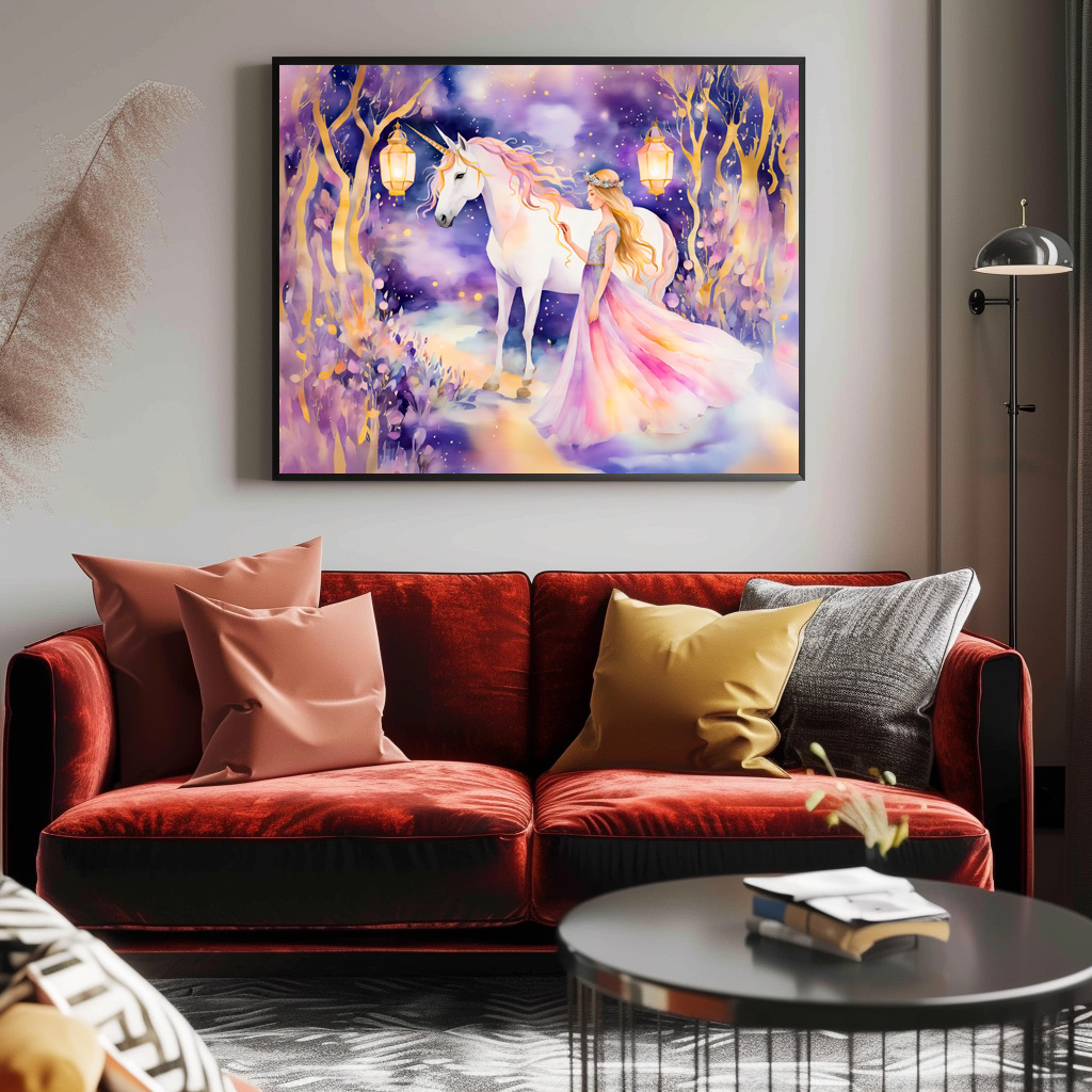 Poster: Boho Watercolor Beautiful Princess Riding A Majestic White Unicorn – Bild 3