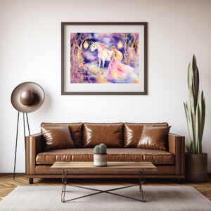 Poster: Boho Watercolor Beautiful Princess Riding A Majestic White Unicorn