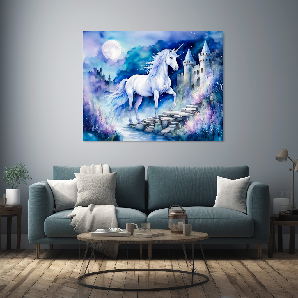Poster: Boho Watercolor Enchanted White Unicorn Near Old Castle – Image 2